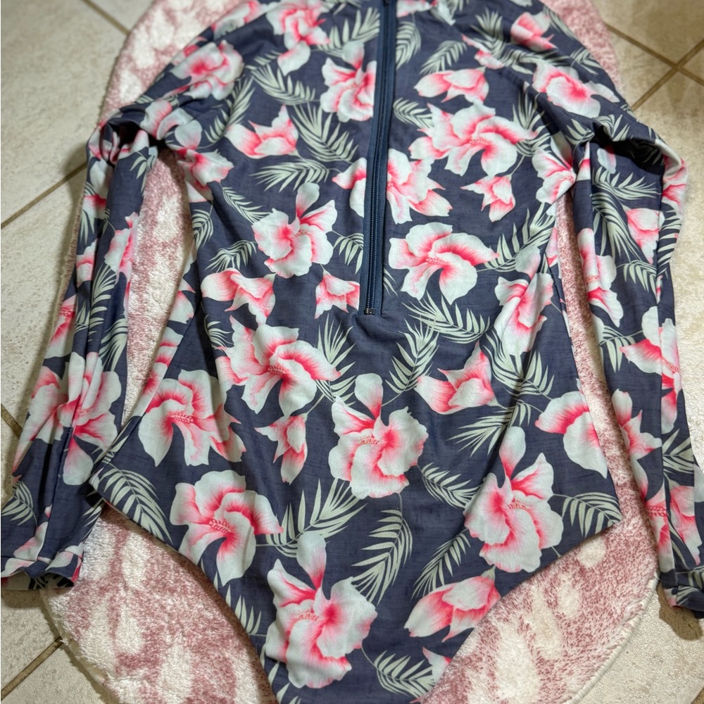 Splash Floral Long Sleeve Swimsuit - Pink and Blue